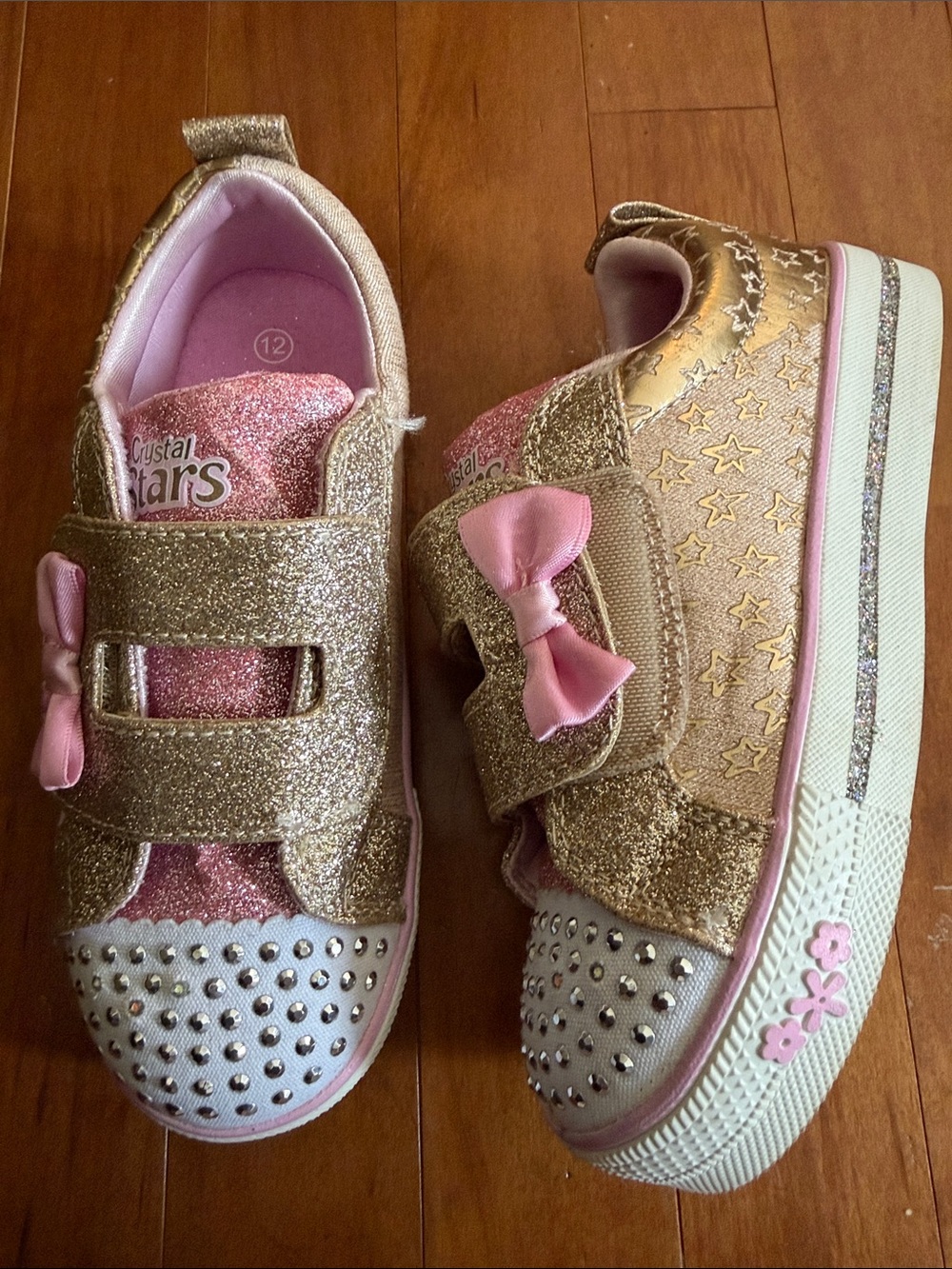 Sport Skechers Lights Kids Glitter Bow Velcro Sneakers in Gold and Pink